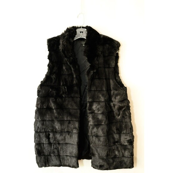 Talbots Black Ribbed Faux Fur Vest Jacket Mob Wife womens M - Picture 1 of 7